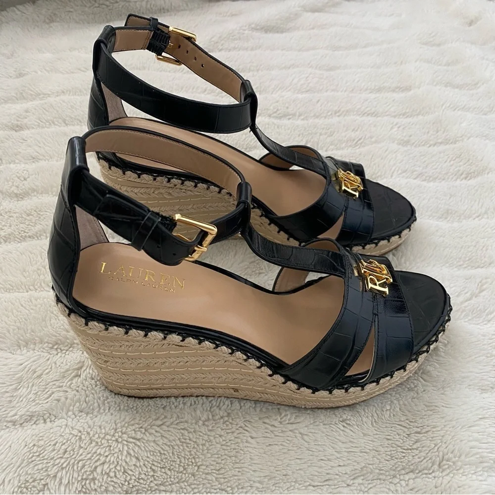 Lauren Ralph Lauren Hale II Black Leather Croc Espadrille Wedges Size 9.5